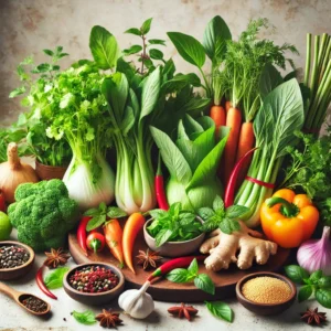 A Colorful Display Of Fresh Herbs, Spices, And Vegetables Commonly Used In Asian Cooking, Emphasizing The Use Of Natural Flavors.
