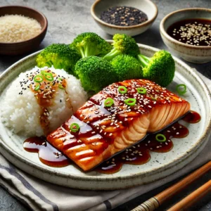 An Appetizing Image Of Grilled Salmon Glazed With Low-Sodium Teriyaki Sauce, Garnished With Sesame Seeds And Green Onions.