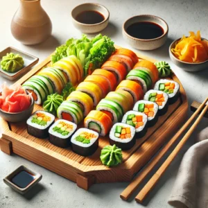 A Vibrant Photo Of Assorted Vegetable Sushi Rolls Served With Low-Sodium Soy Sauce, Wasabi, And Pickled Ginger.